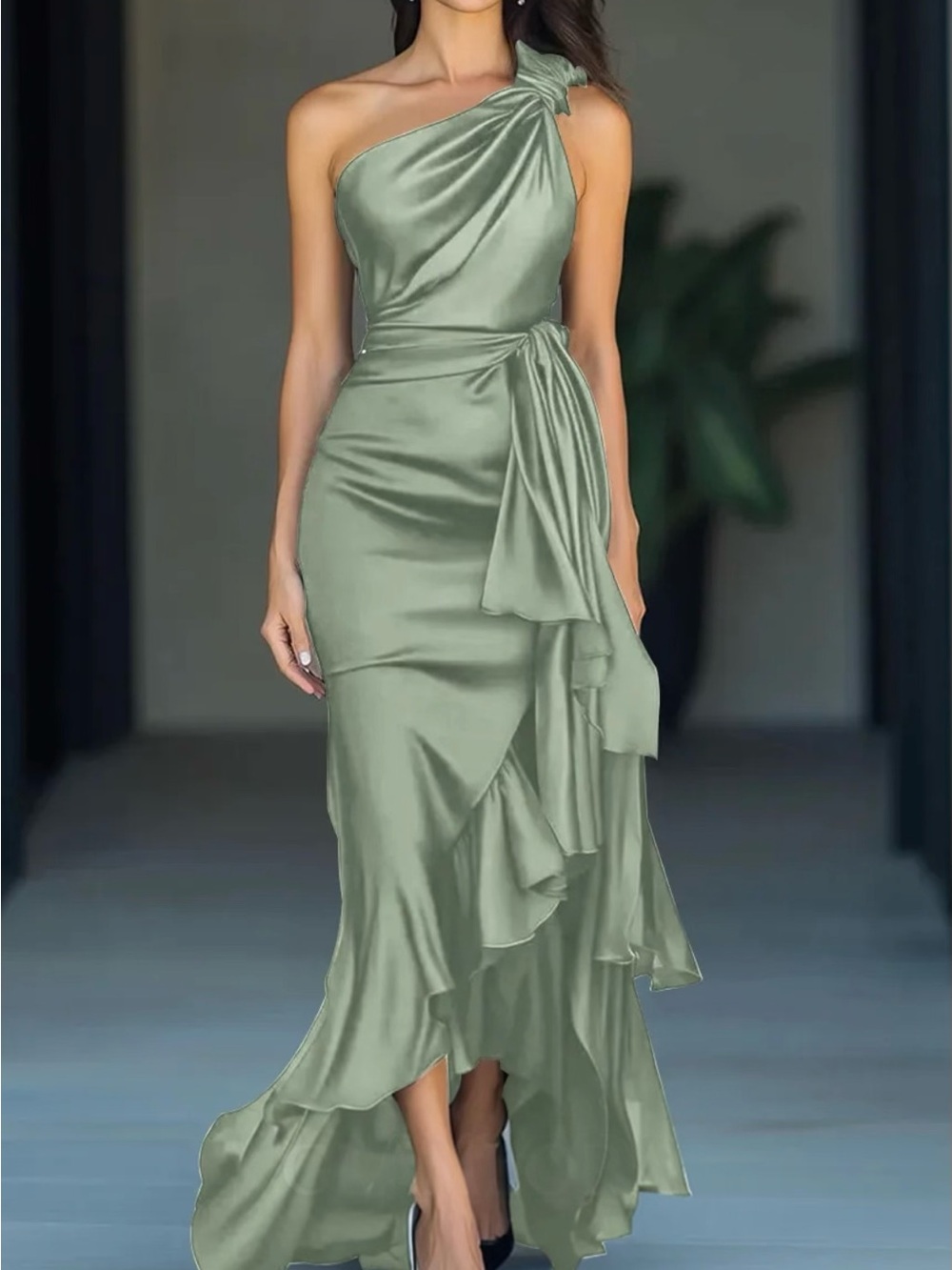 Satin One-Shoulder Ruffled Evening Dress in Sage Green